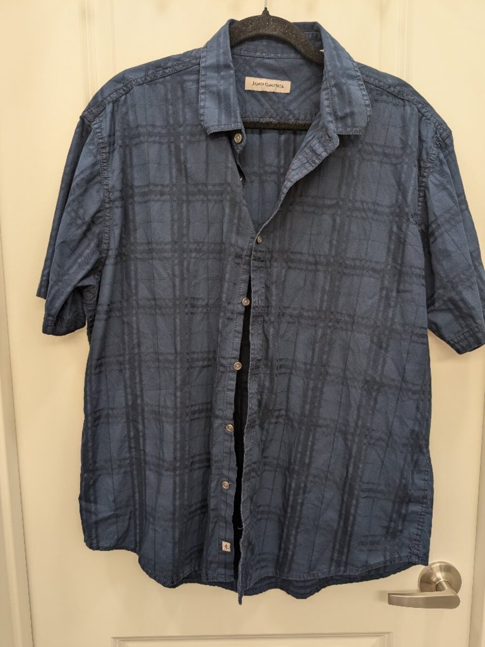 James Campbell Men Navy Plaid Short Sleeve Shirt Button Down XL